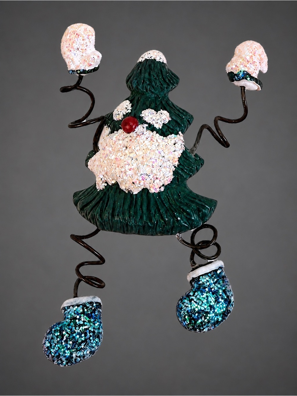 Whimsical Christmas Tree Santa Brooch Articulated Wire Legs Glitter Mittens